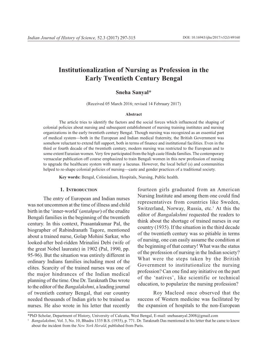 Institutionalization of Nursing As Profession in the Early Twentieth Century Bengal