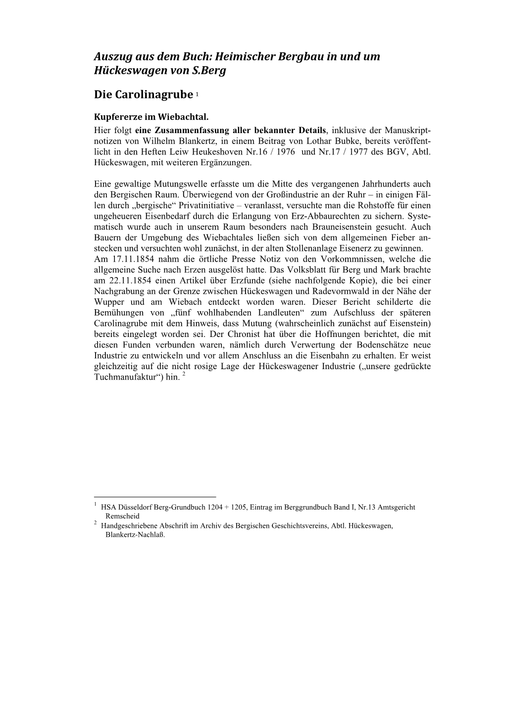 Auszug Aus Dem Buch: Heimischer Bergbau in Und Um Hückeswagen Von S.Berg Die Carolinagrube 1