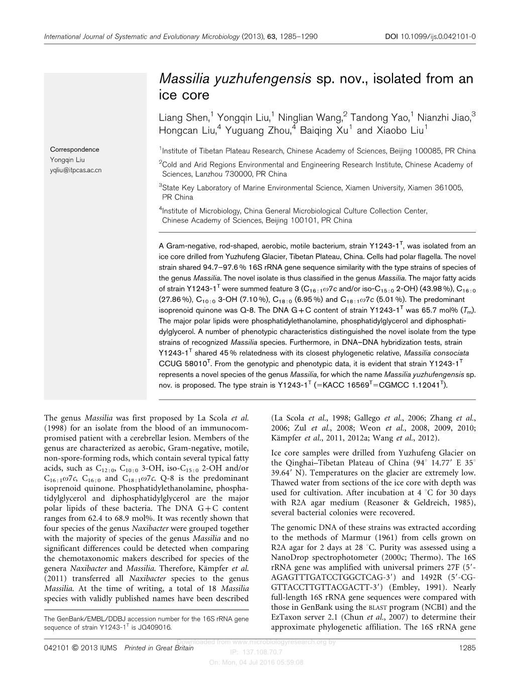 Massilia Yuzhufengensis Sp. Nov., Isolated from an Ice Core