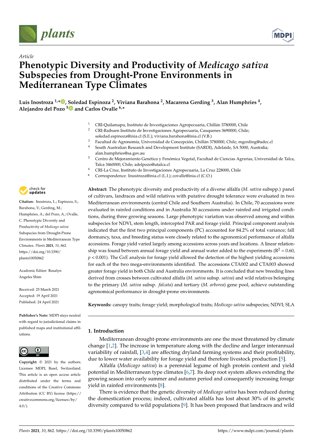 Phenotypic Diversity and Productivity of Medicago Sativa Subspecies from Drought-Prone Environments in Mediterranean Type Climates