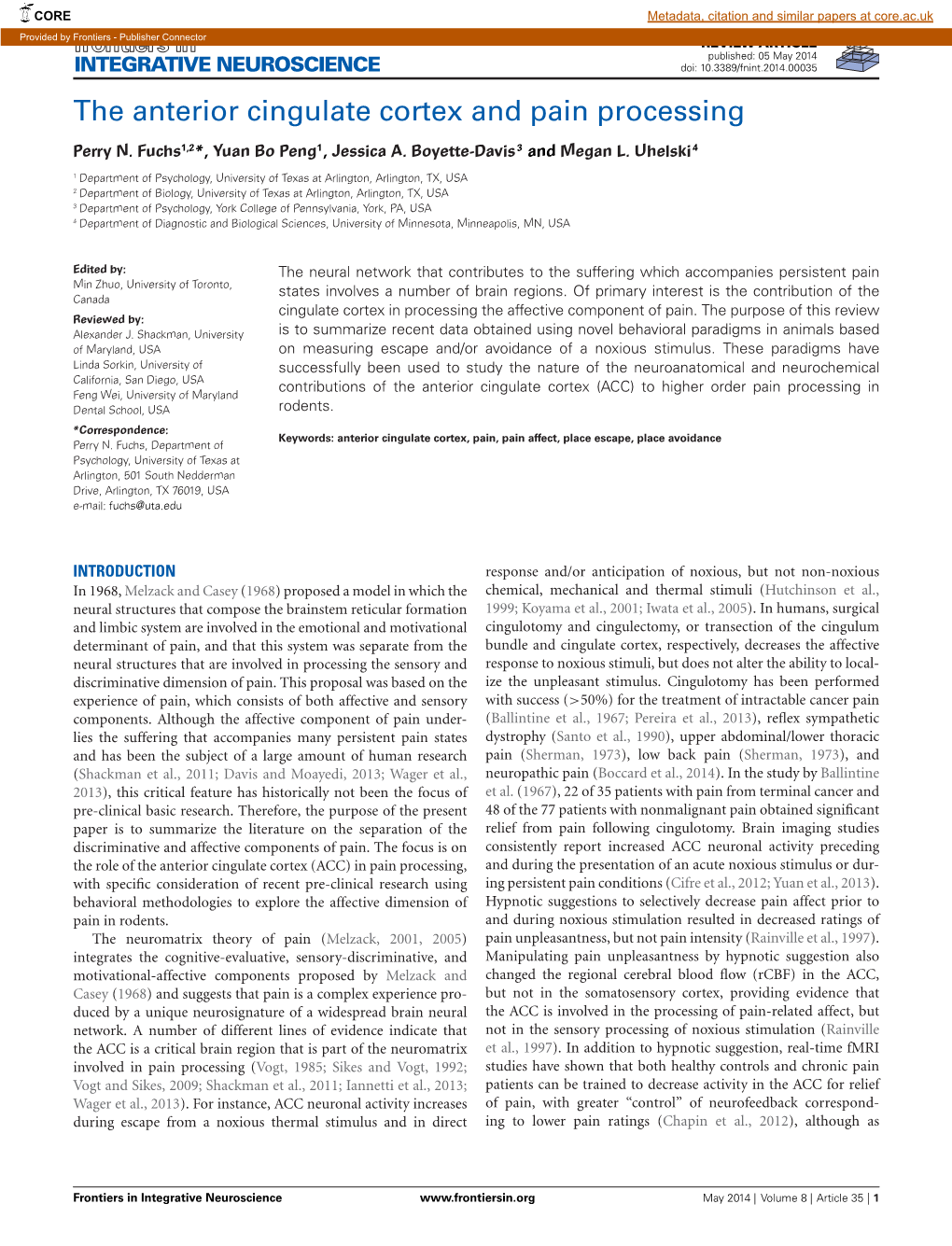 The Anterior Cingulate Cortex and Pain Processing