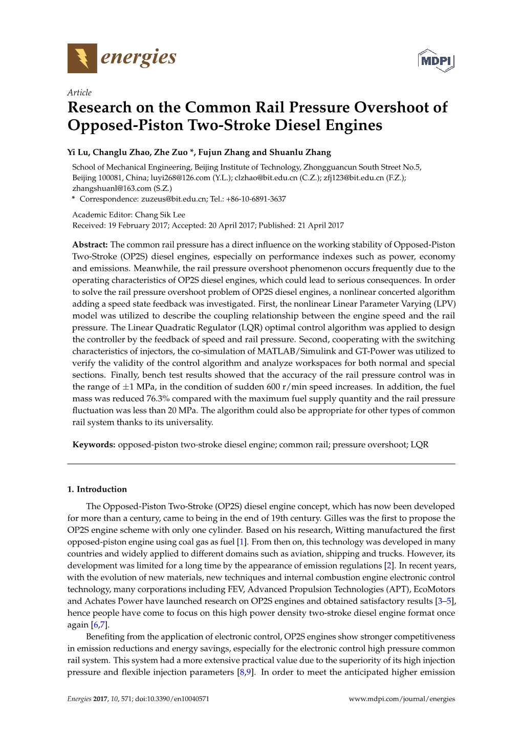 Research on the Common Rail Pressure Overshoot of Opposed-Piston Two-Stroke Diesel Engines