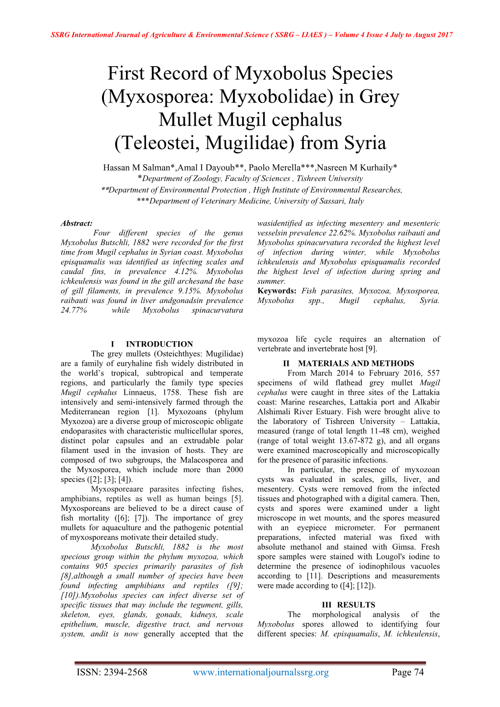 First Record of Myxobolus Species (Myxosporea: Myxobolidae) in Grey Mullet Mugil Cephalus (Teleostei, Mugilidae) from Syria