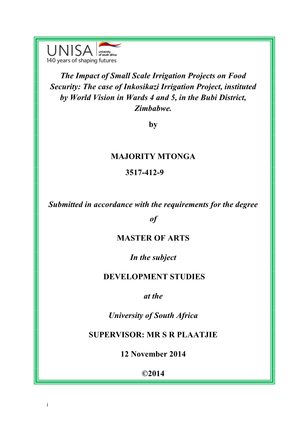 The Impact of Small Scale Irrigation Projects on Food Security