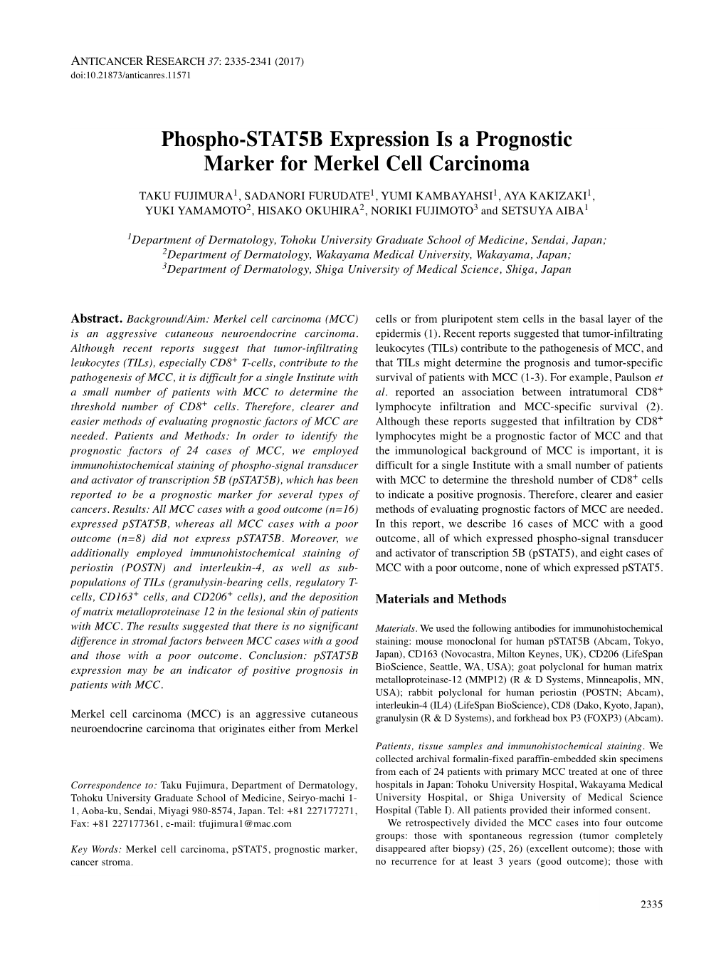 Phospho-STAT5B Expression Is a Prognostic Marker for Merkel Cell