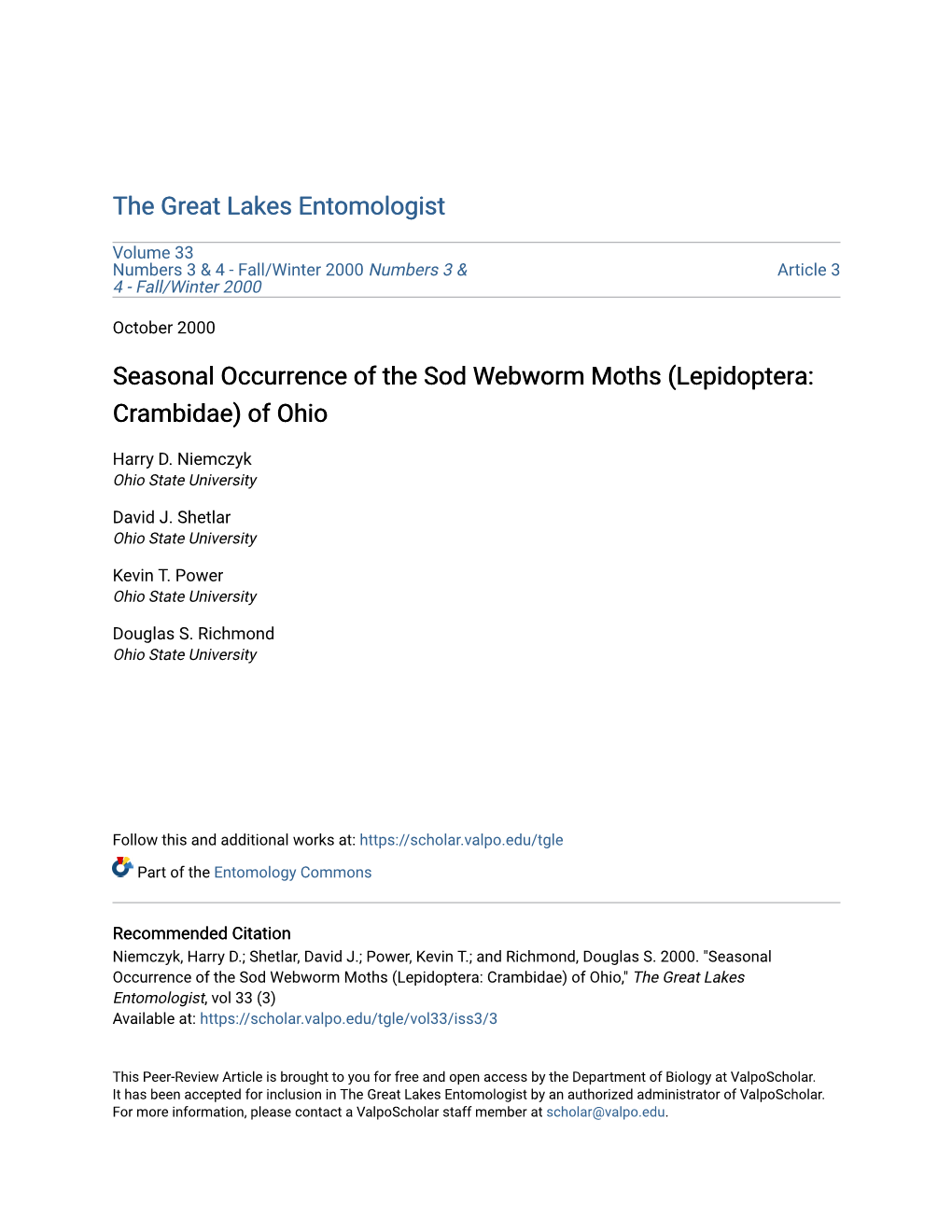 Seasonal Occurrence of the Sod Webworm Moths (Lepidoptera: Crambidae) of Ohio