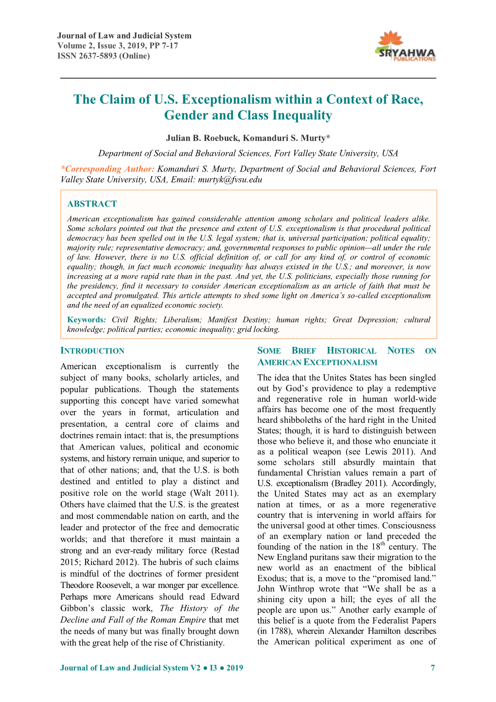 The Claim of U.S. Exceptionalism Within a Context of Race, Gender and Class Inequality