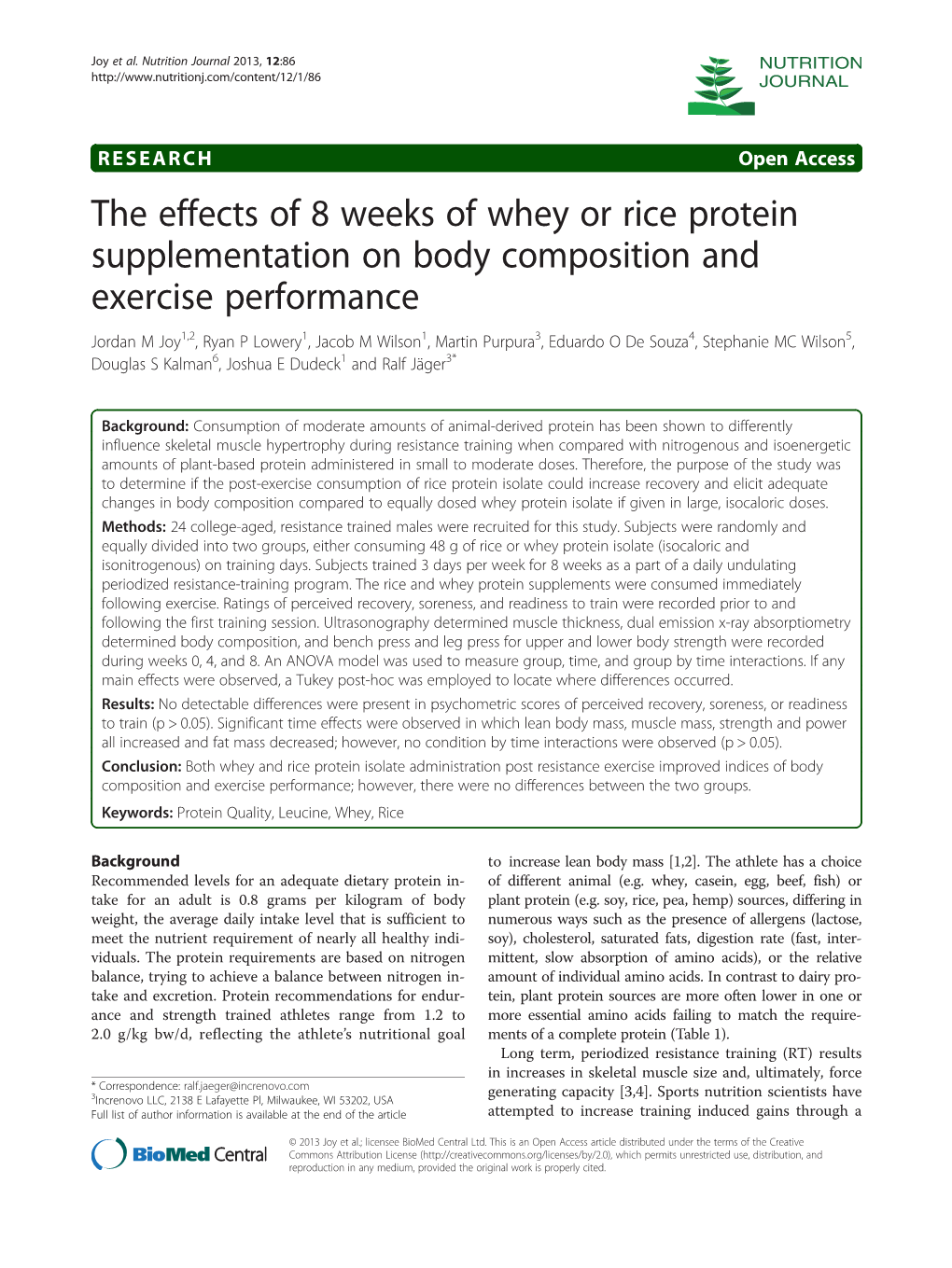 The Effects of 8 Weeks of Whey Or Rice Protein Supplementation on Body