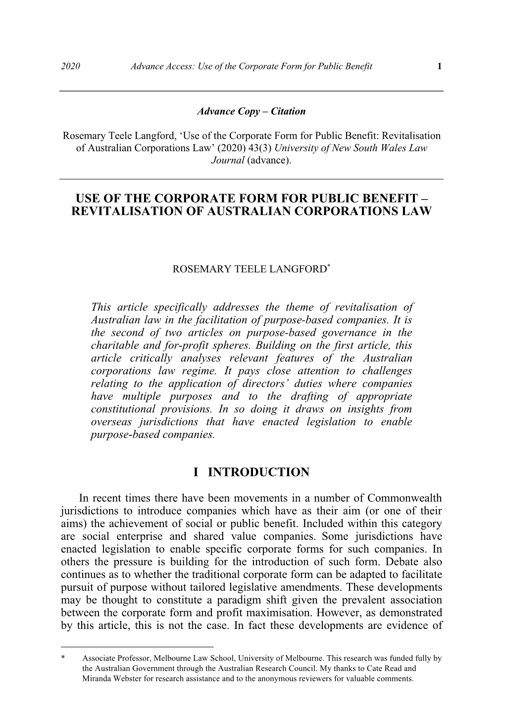 Revitalisation of Australian Corporations Law’ (2020) 43(3) University of New South Wales Law Journal (Advance)