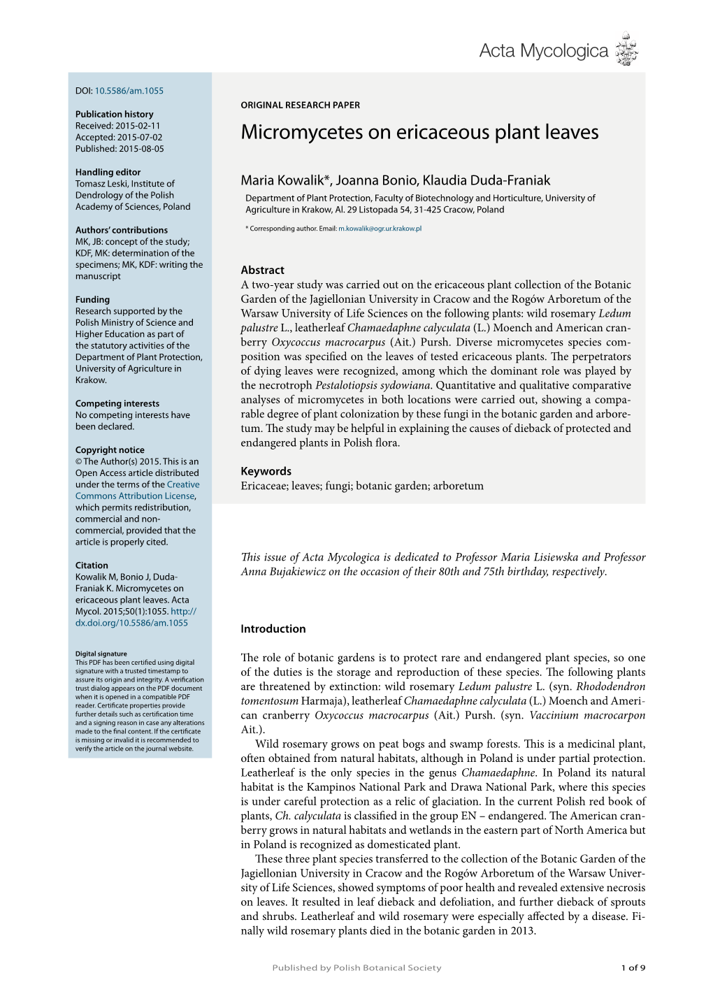 Micromycetes on Ericaceous Plant Leaves Published: 2015-08-05