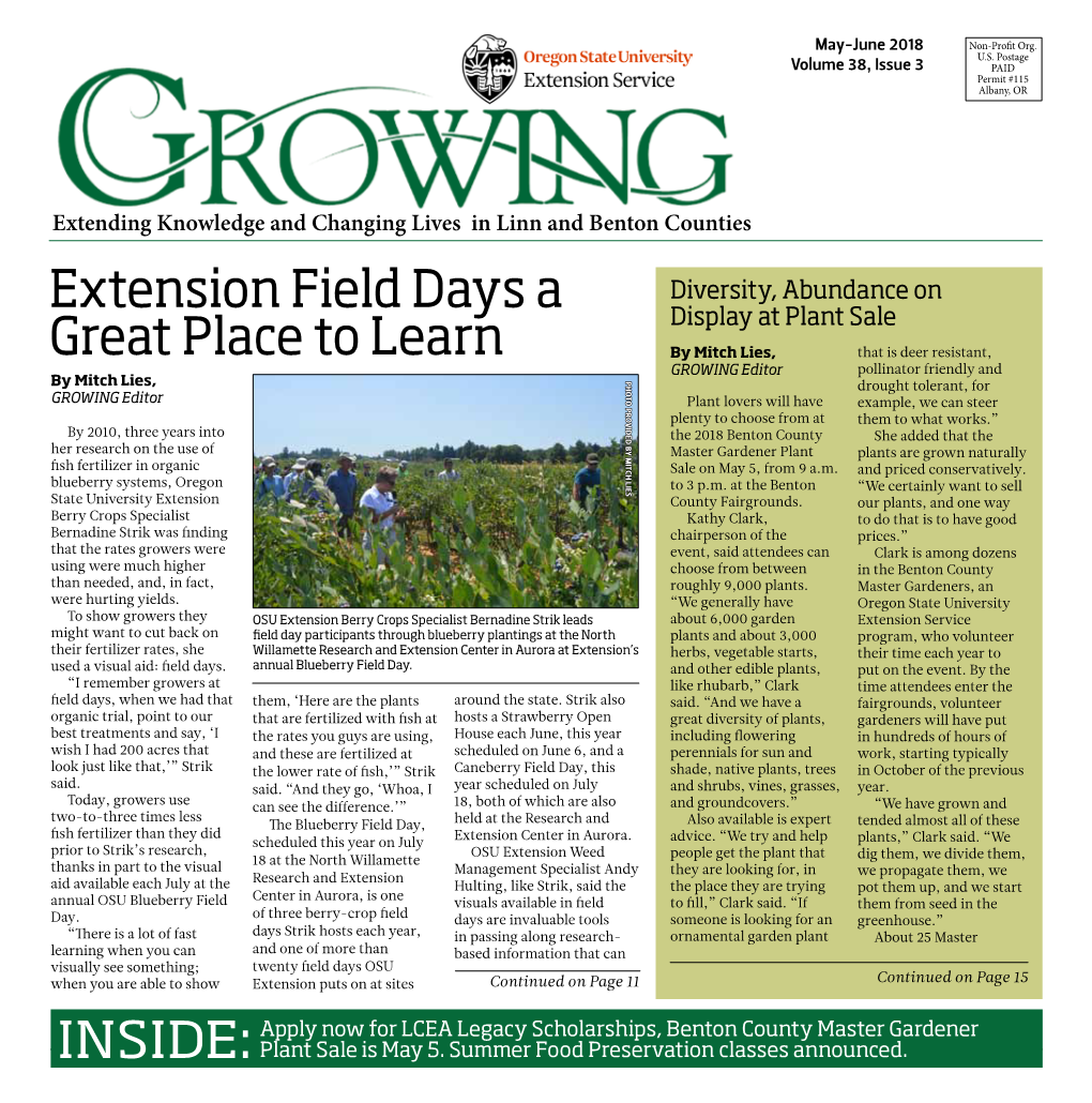 Extension Field Days a Great Place to Learn Willamette Continued from Page 1 Valley Wheat Benefit Farm Operations