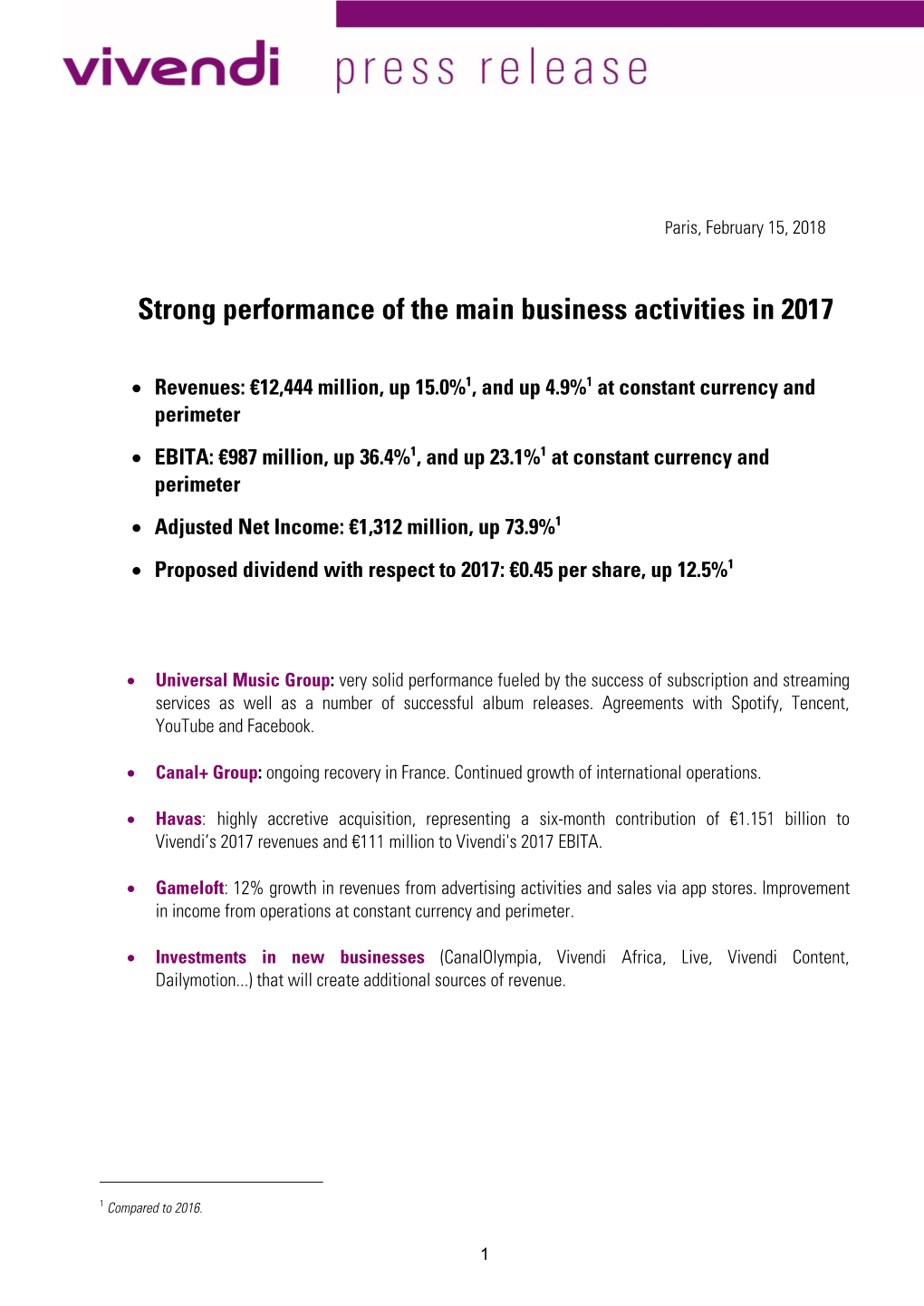 Strong Performance of the Main Business Activities in 2017