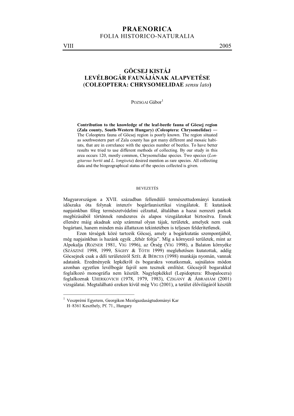 Praenorica Folia Historico-Naturalia Viii 2005