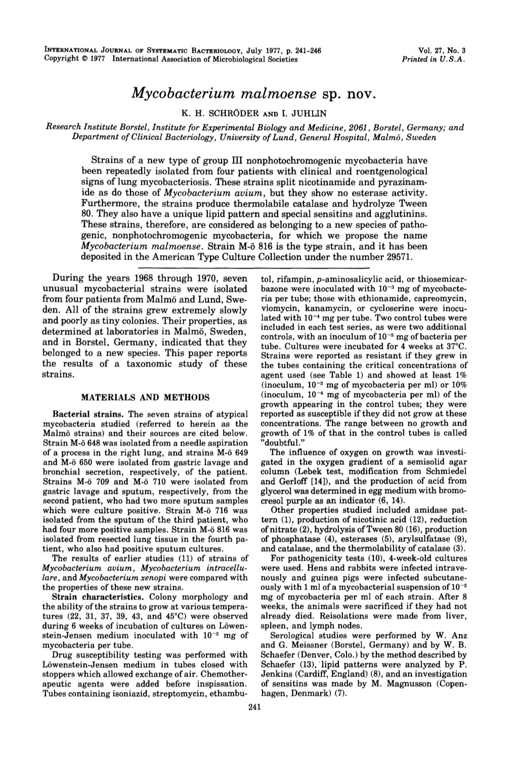 Mycobacterium Malmoense Sp. Nov