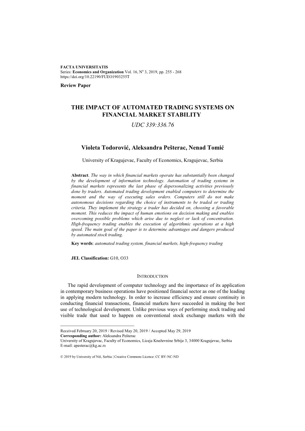 The Impact of Automated Trading Systems on Financial Market Stability1 Udc 339:336.76