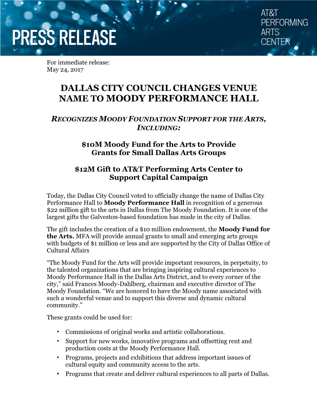 Name to Moody Performance Hall