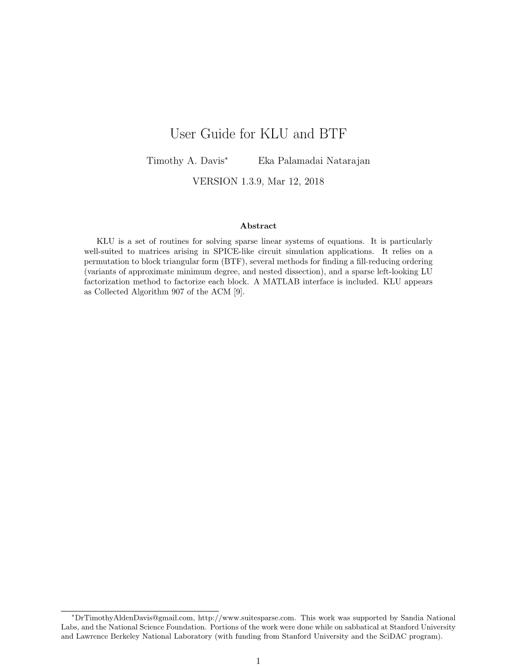User Guide for KLU and BTF