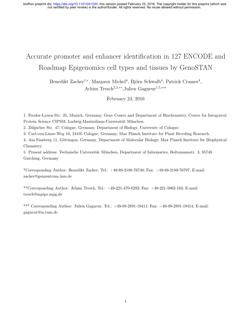 Accurate Promoter and Enhancer Identification in 127 ENCODE and Roadmap Epigenomics Cell Types and Tissues by Genostan