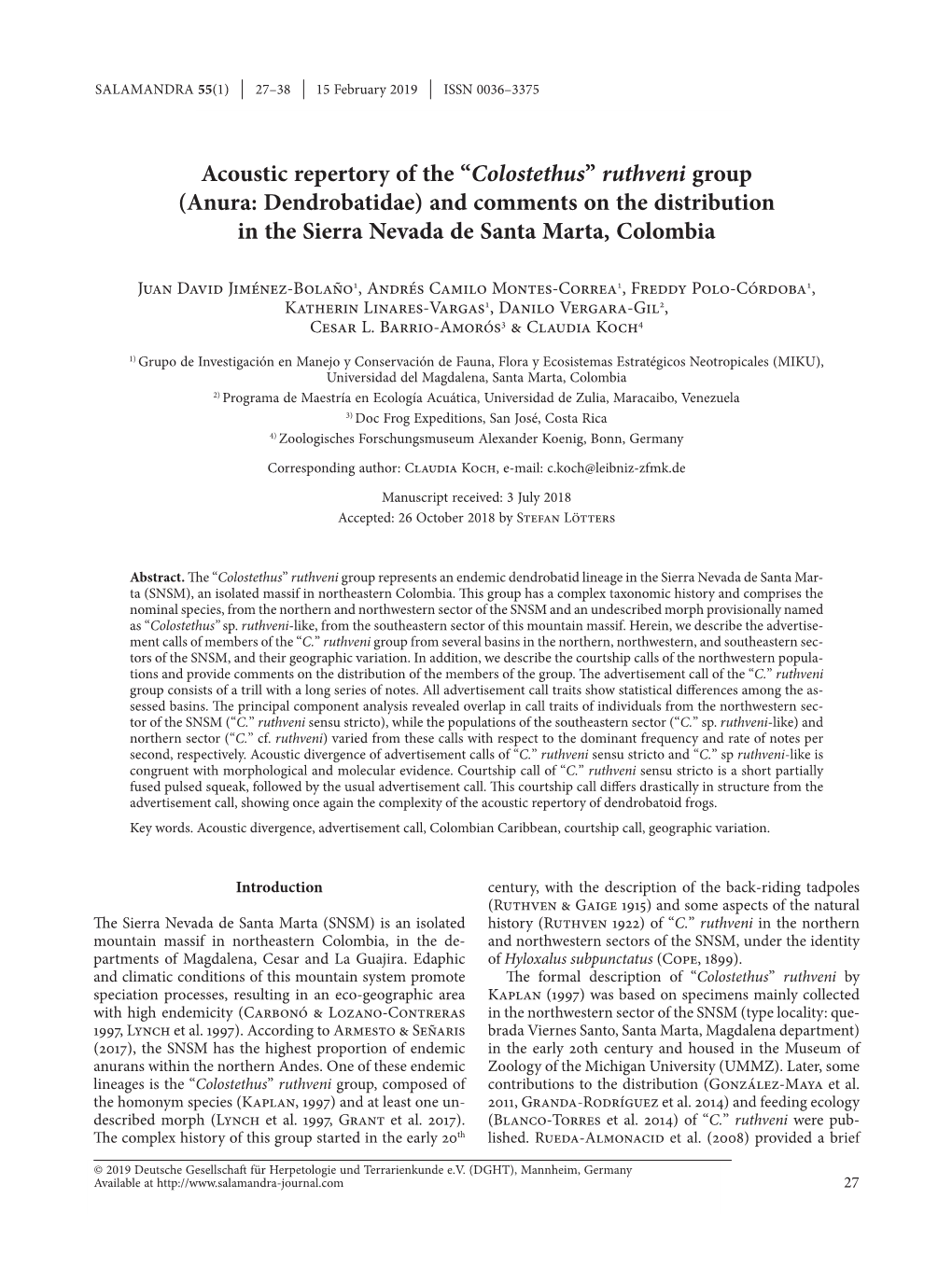 “Colostethus” Ruthveni Group (Anura: Dendrobatidae) and Comments on the Distribution in the Sierra Nevada De Santa Marta, Colombia