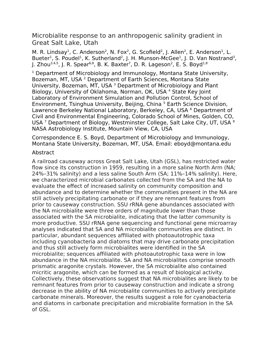 Microbialite Response to an Anthropogenic Salinity Gradient in Great Salt Lake, Utah M