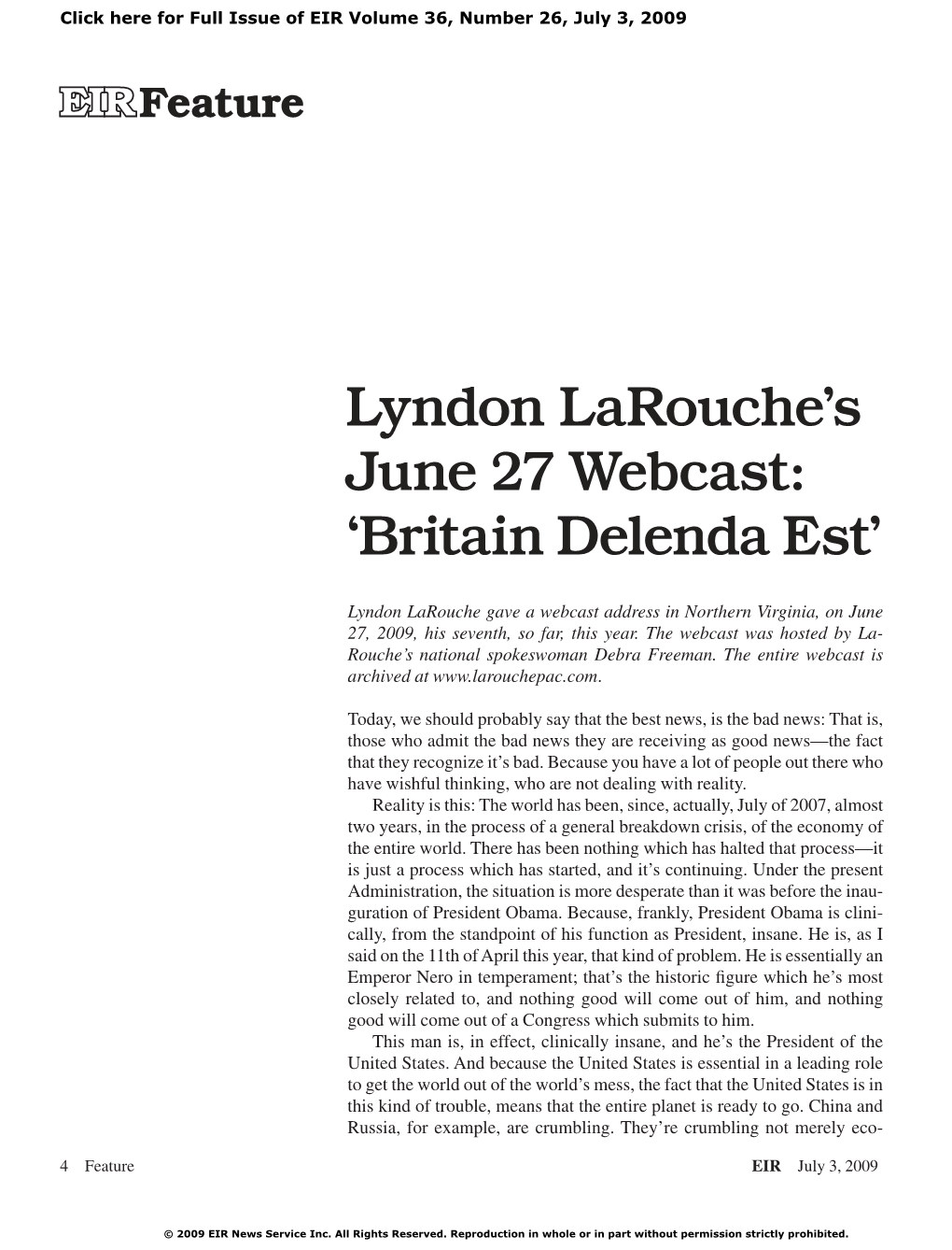 Larouche's June 27 Webcast: 'Britain Delenda Est'