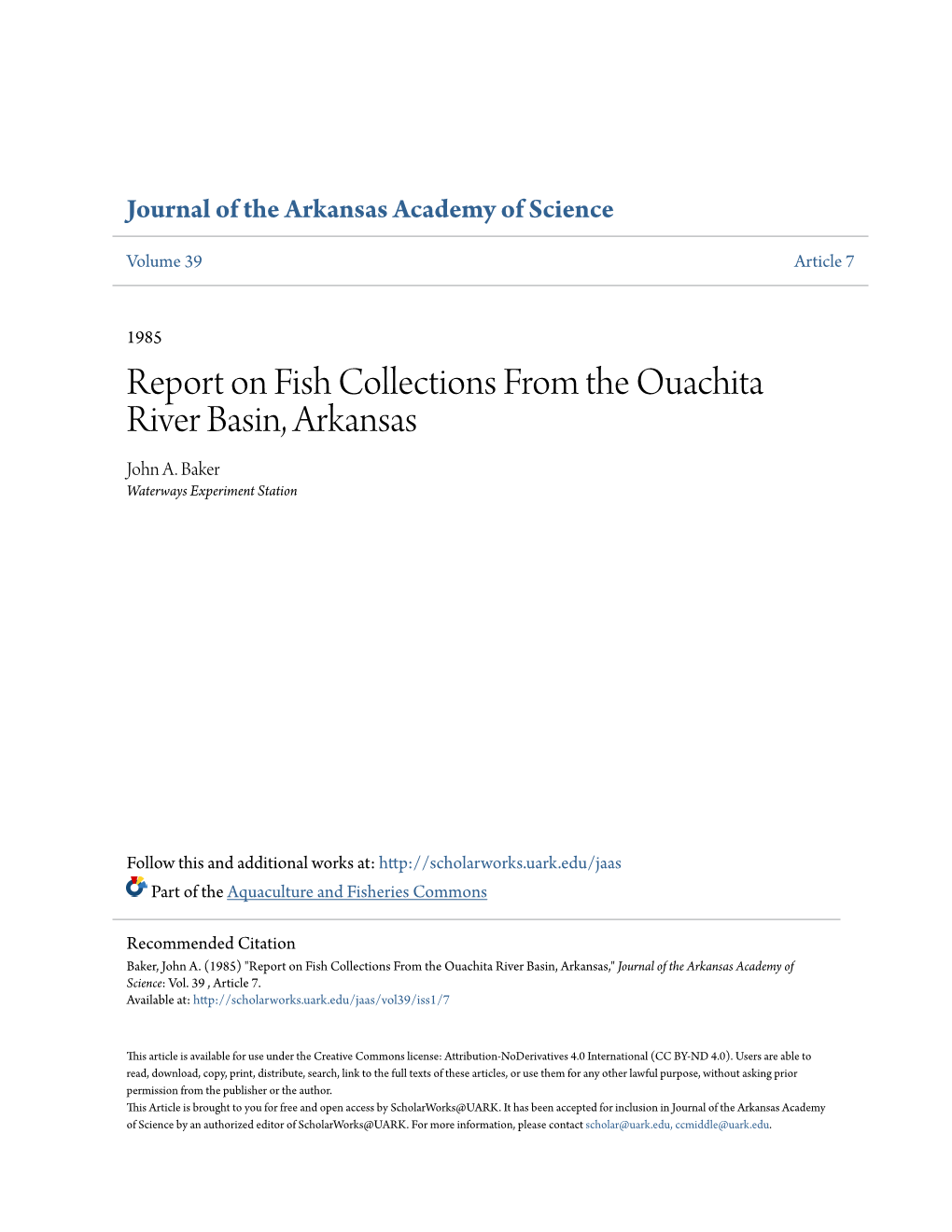 Report on Fish Collections from the Ouachita River Basin, Arkansas John A