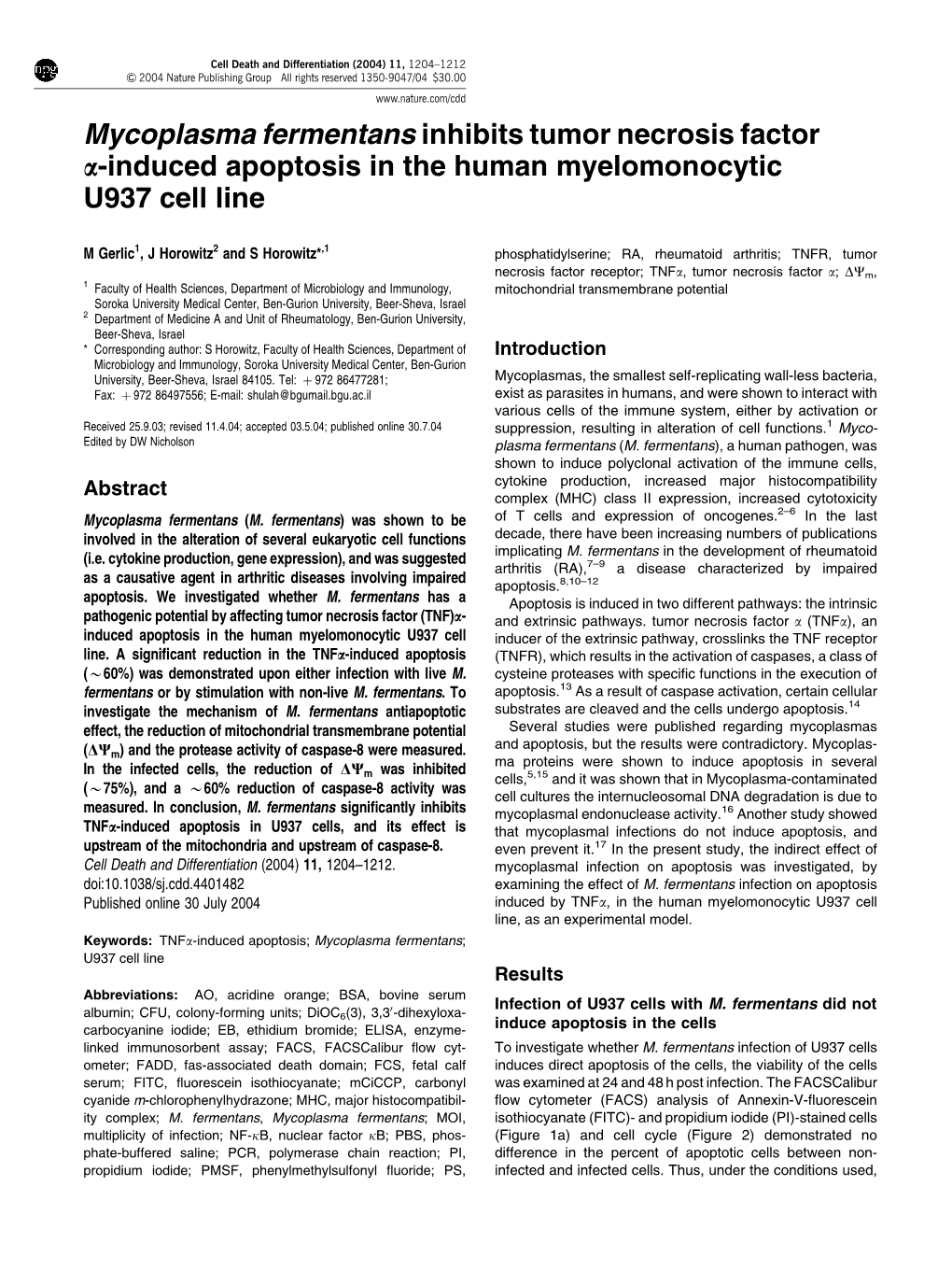 Mycoplasma Fermentans Inhibits Tumor Necrosis Factor A-Induced Apoptosis in the Human Myelomonocytic U937 Cell Line