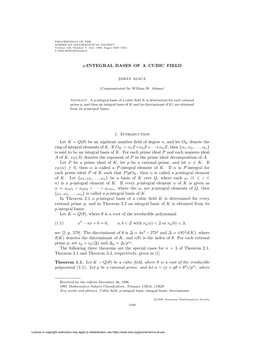 P-INTEGRAL BASES of a CUBIC FIELD 1. Introduction Let K = Q(Θ