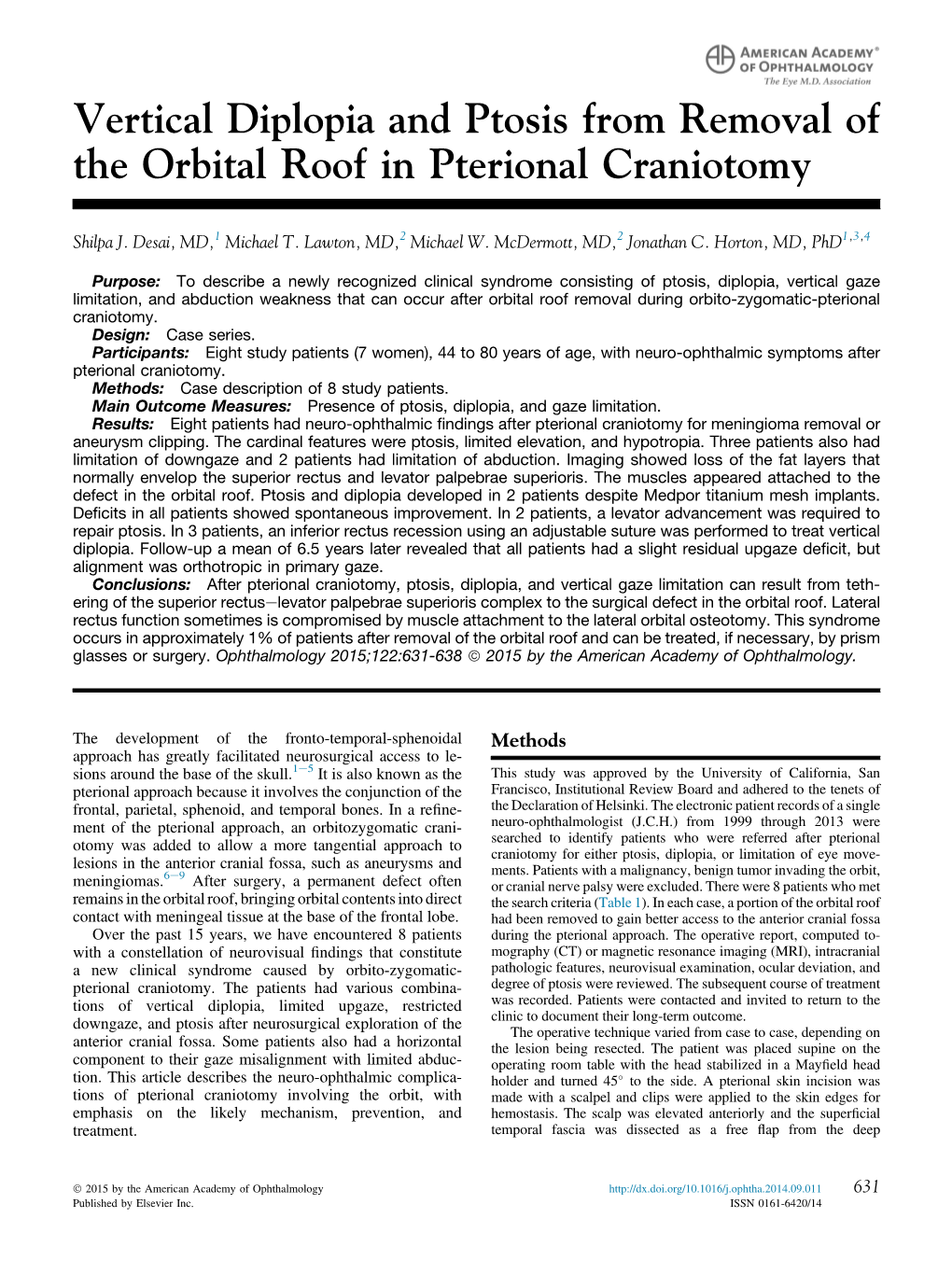 Vertical Diplopia and Ptosis from Removal of the Orbital Roof in Pterional Craniotomy