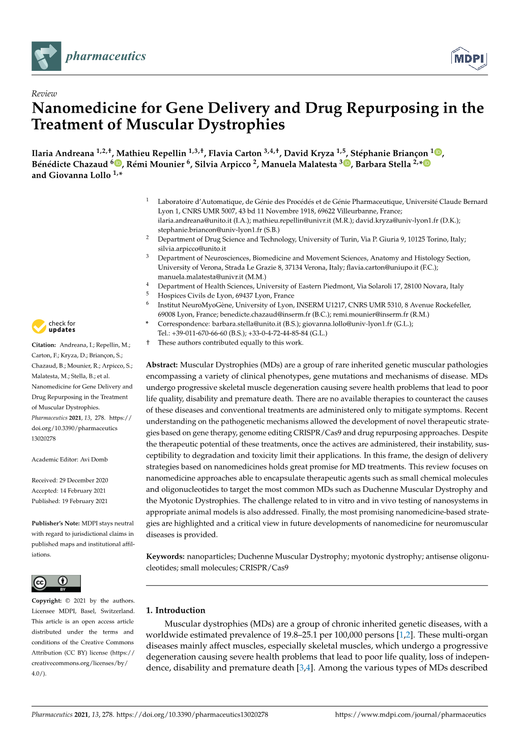 Nanomedicine for Gene Delivery and Drug Repurposing in the Treatment of Muscular Dystrophies