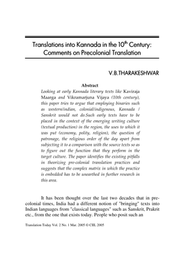 Translations Into Kannada in the 10Th Century: Comments On