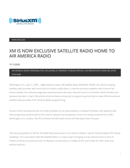 Xm Is Now Exclusive Satellite Radio Home to Air America Radio