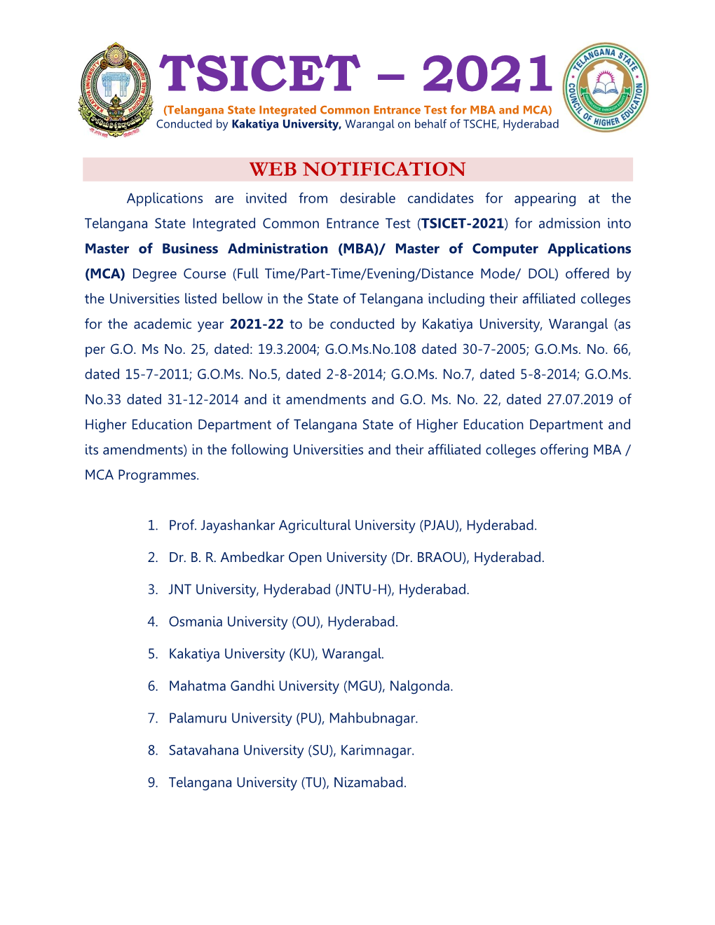 TSICET – 2021 (Telangana State Integrated Common Entrance Test for MBA and MCA) Conducted by Kakatiya University, Warangal on Behalf of TSCHE, Hyderabad