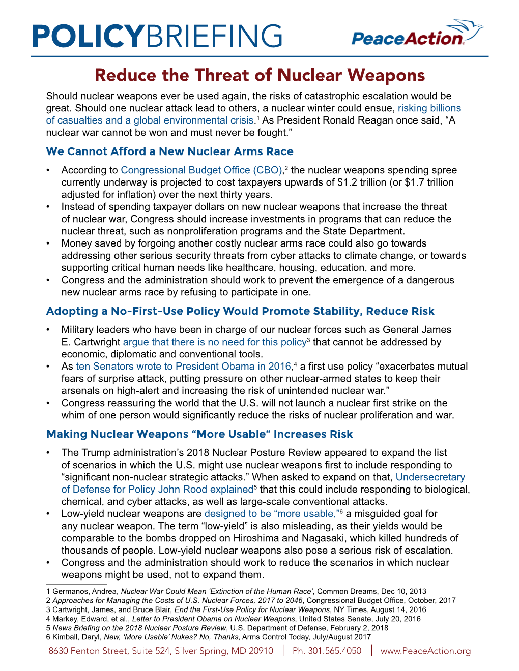 Policy Briefing: Reduce the Threat of Nuclear Weapons