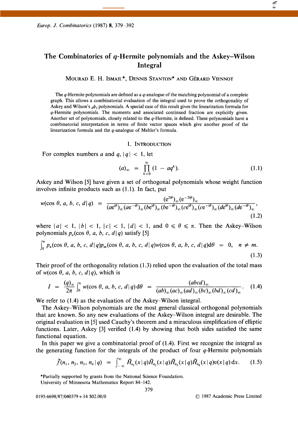 The Combinatorics of Q-Hermite Polynomials and the Askey—Wilson Integral