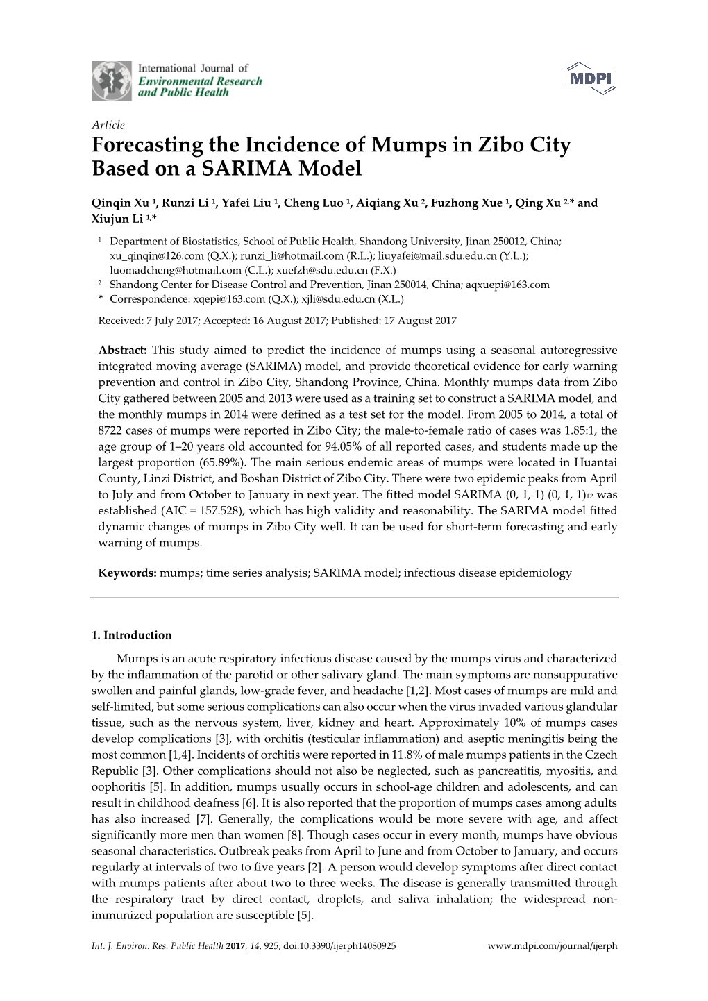 Forecasting the Incidence of Mumps in Zibo City Based on a SARIMA Model