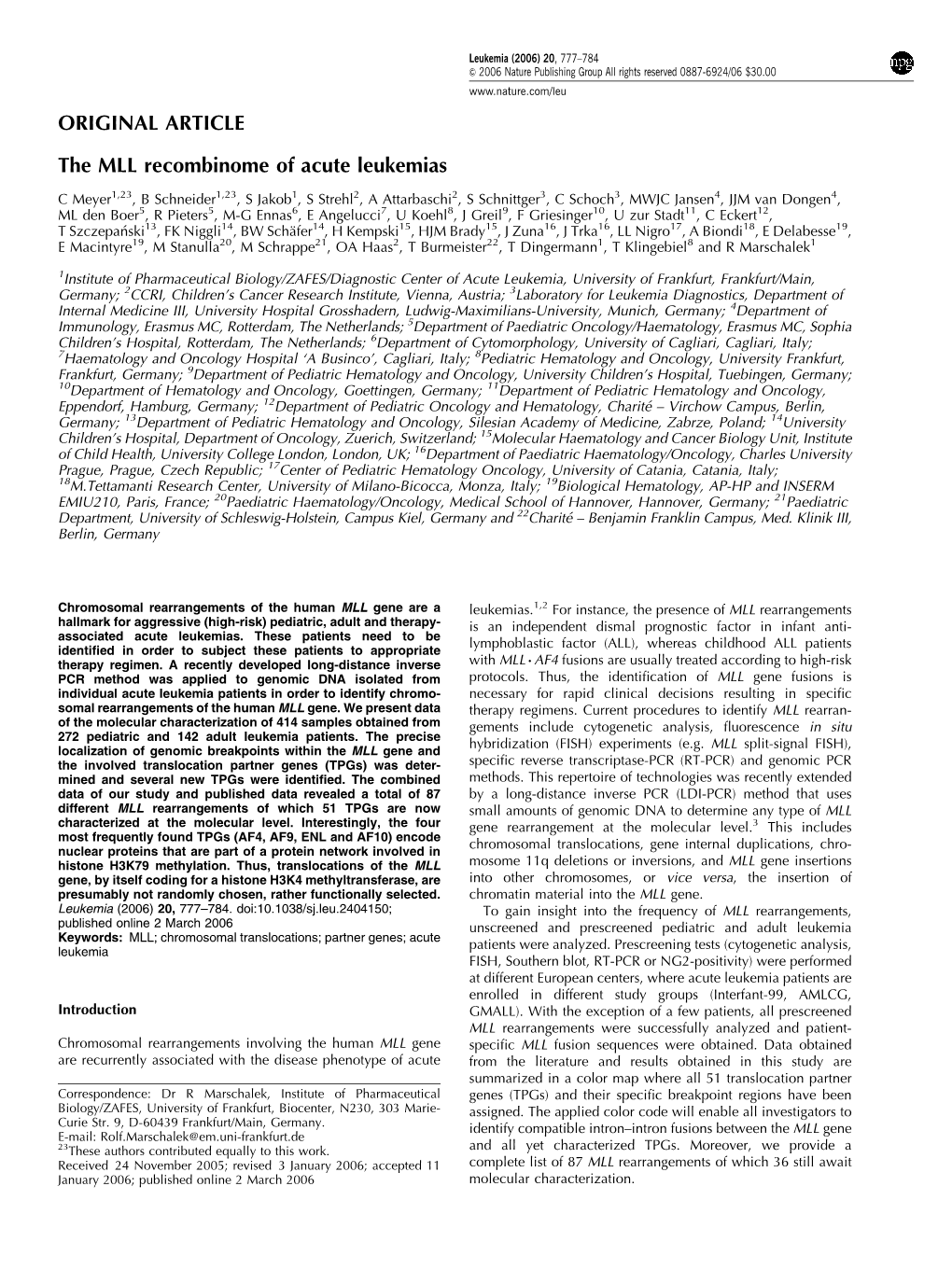 ORIGINAL ARTICLE the MLL Recombinome of Acute Leukemias