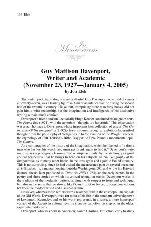 Memoriamin &' Jon Elek Guy Mattison Davenport, Writer and Academic (November 23, 1927—January 4, 2005) by Jon Elek