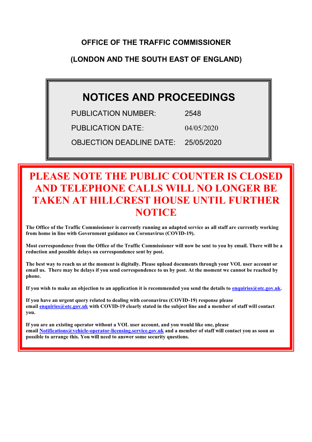 Notices and Proceedings for London and the South East of England