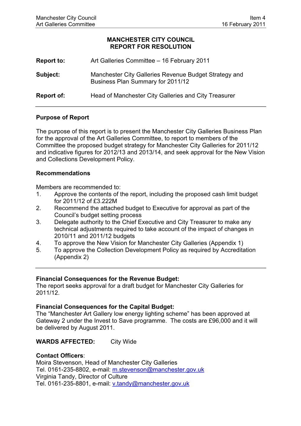 Report on Budget Strategy for Art Galleries Committee 16 February