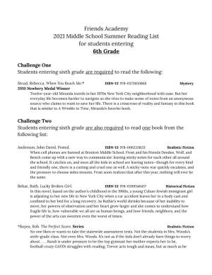 6Th-Grade Summer Reading List 2021