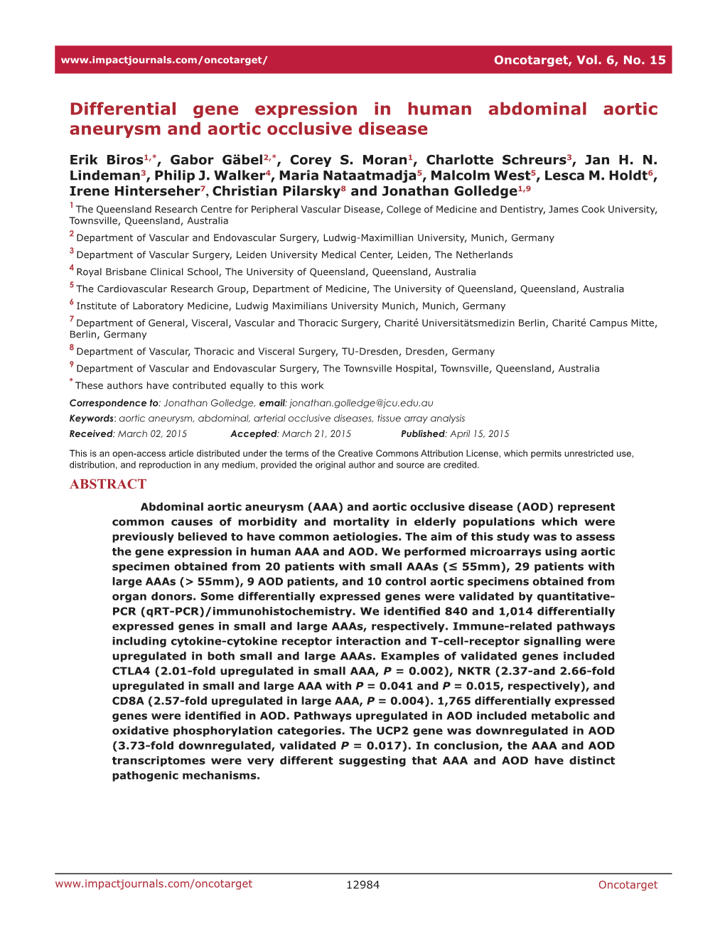 Differential Gene Expression in Human Abdominal Aortic Aneurysm and Aortic Occlusive Disease