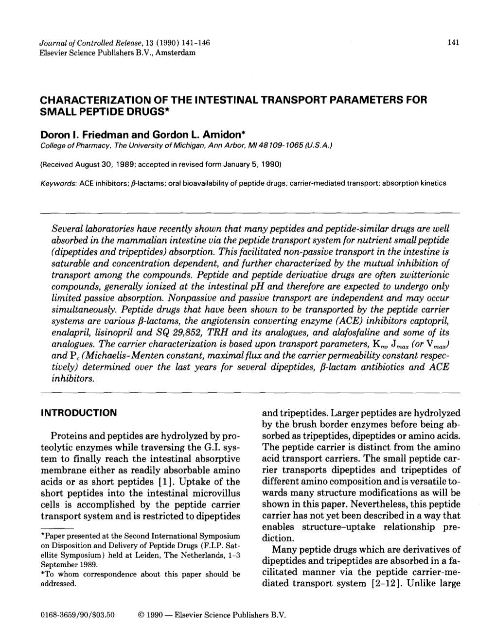 CHARACTERIZATION of the INTESTINAL TRANSPORT PARAMETERS for SMALL Peptlde DRUGS*