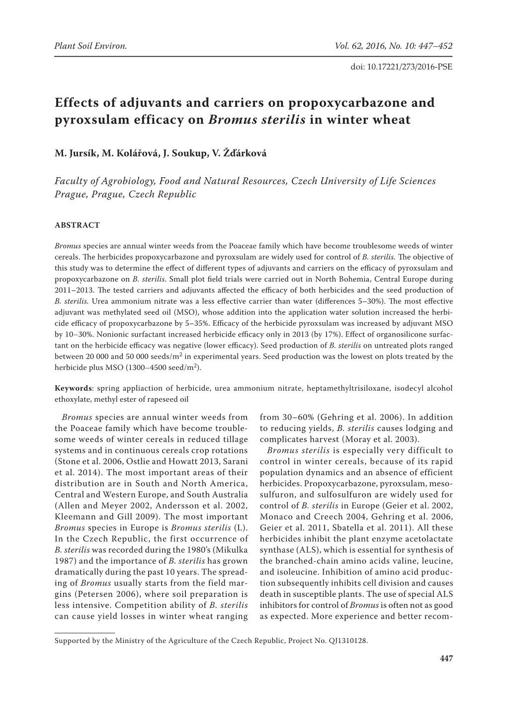 Effects of Adjuvants and Carriers on Propoxycarbazone and Pyroxsulam Efficacy on Bromus Sterilis in Winter Wheat