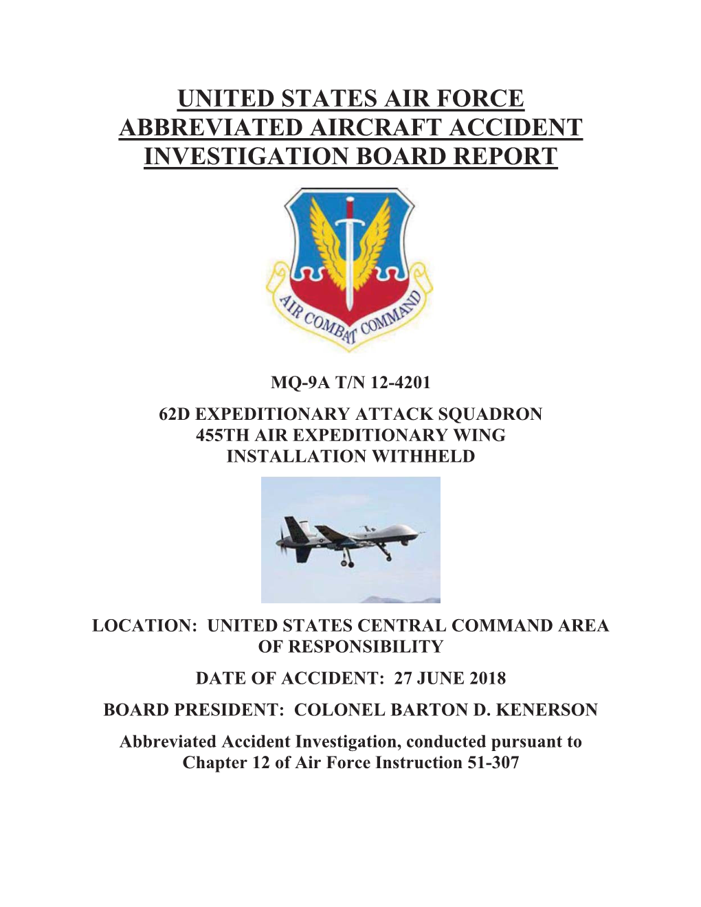 United States Air Force Abbreviated Aircraft Accident Investigation Board Report