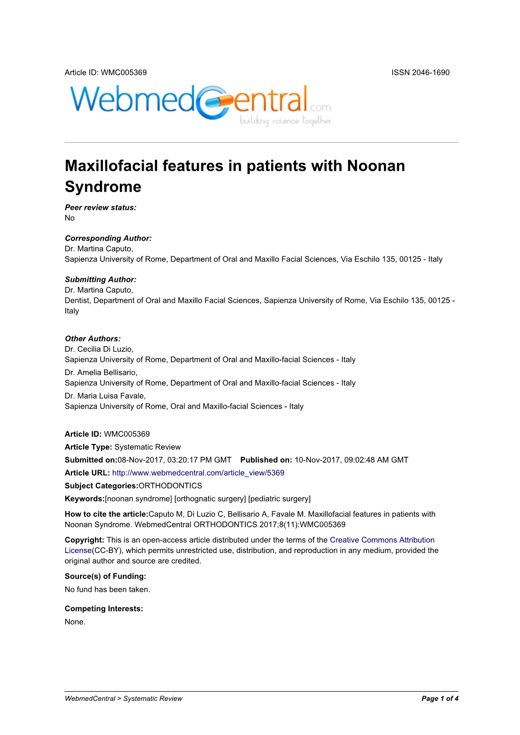 Maxillofacial Features in Patients with Noonan Syndrome