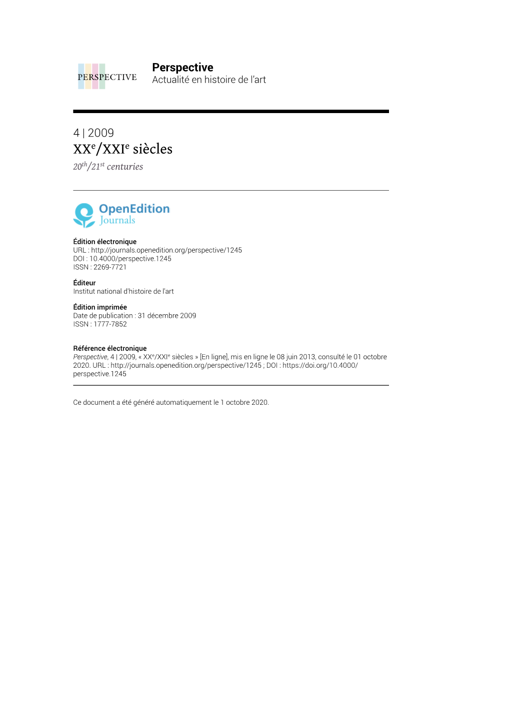 Perspective, 4 | 2009, « Xxe/Xxie Siècles » [En Ligne], Mis En Ligne Le 08 Juin 2013, Consulté Le 01 Octobre 2020