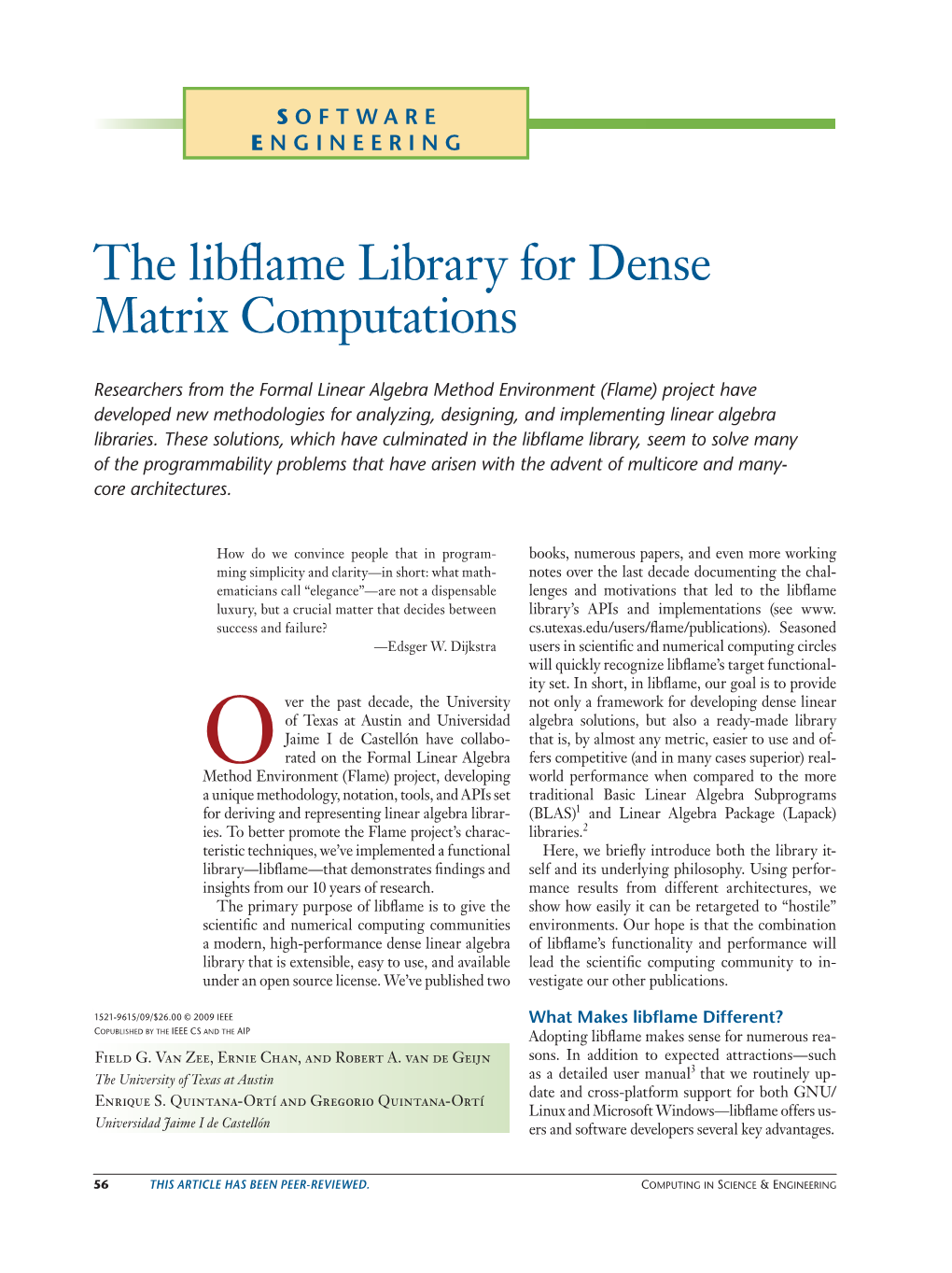 The Libflame Library for Dense Matrix Computations