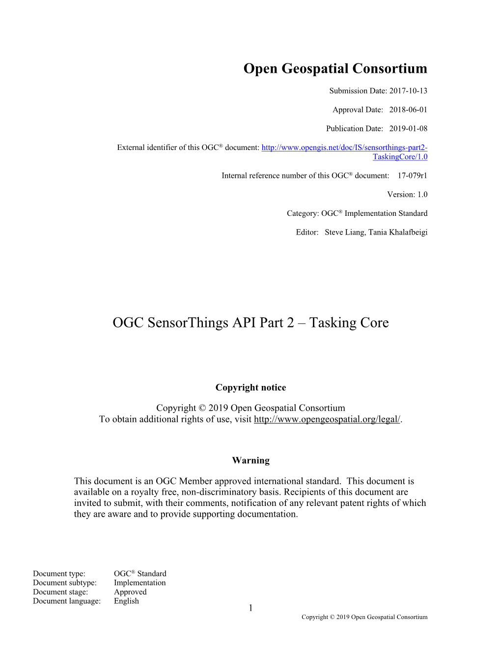Open Geospatial Consortium OGC Sensorthings API Part 2 – Tasking