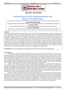 National Sports Policy Implementation and Nigeria's Foreign Policy